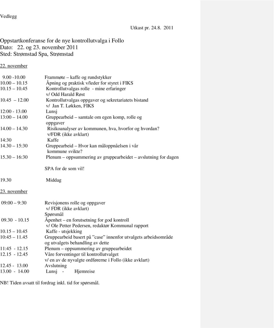 00 Kontrollutvalgas oppgaver og sekretariatets bistand v/ Jan T. Løkken, FIKS 12:00-13.00 Lunsj 13:00 14.00 Gruppearbeid samtale om egen komp, rolle og oppgaver 14.00 14.30 Risikoanalyser av kommunen, hva, hvorfor og hvordan?