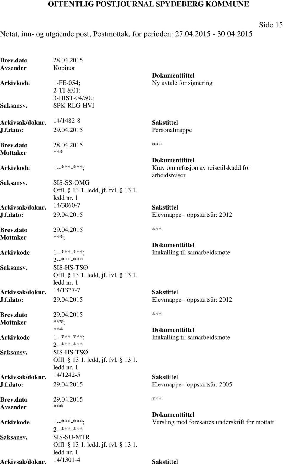 14/1242-5 Sakstittel J.f.dato: 29.04.2015 Elevmappe - oppstartsår: 2005 *** Varsling med foresattes underskrift for mottatt SIS-SU-MTR Arkivsak/doknr. 14/1301-4 Sakstittel