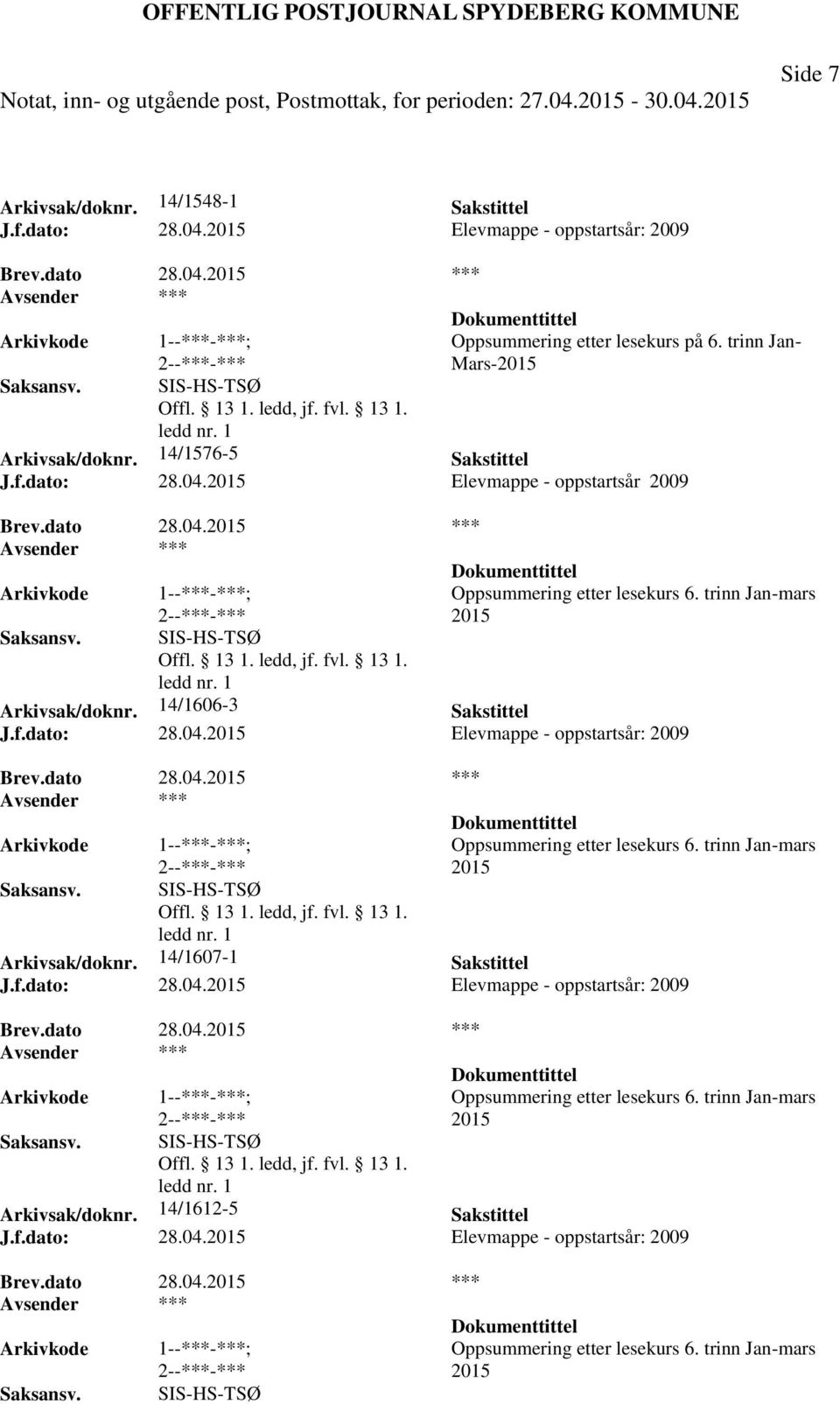 trinn Jan-mars 2015 Arkivsak/doknr. 14/1607-1 Sakstittel J.f.dato: 28.04.2015 Elevmappe - oppstartsår: 2009 SIS-HS-TSØ Oppsummering etter lesekurs 6. trinn Jan-mars 2015 Arkivsak/doknr.