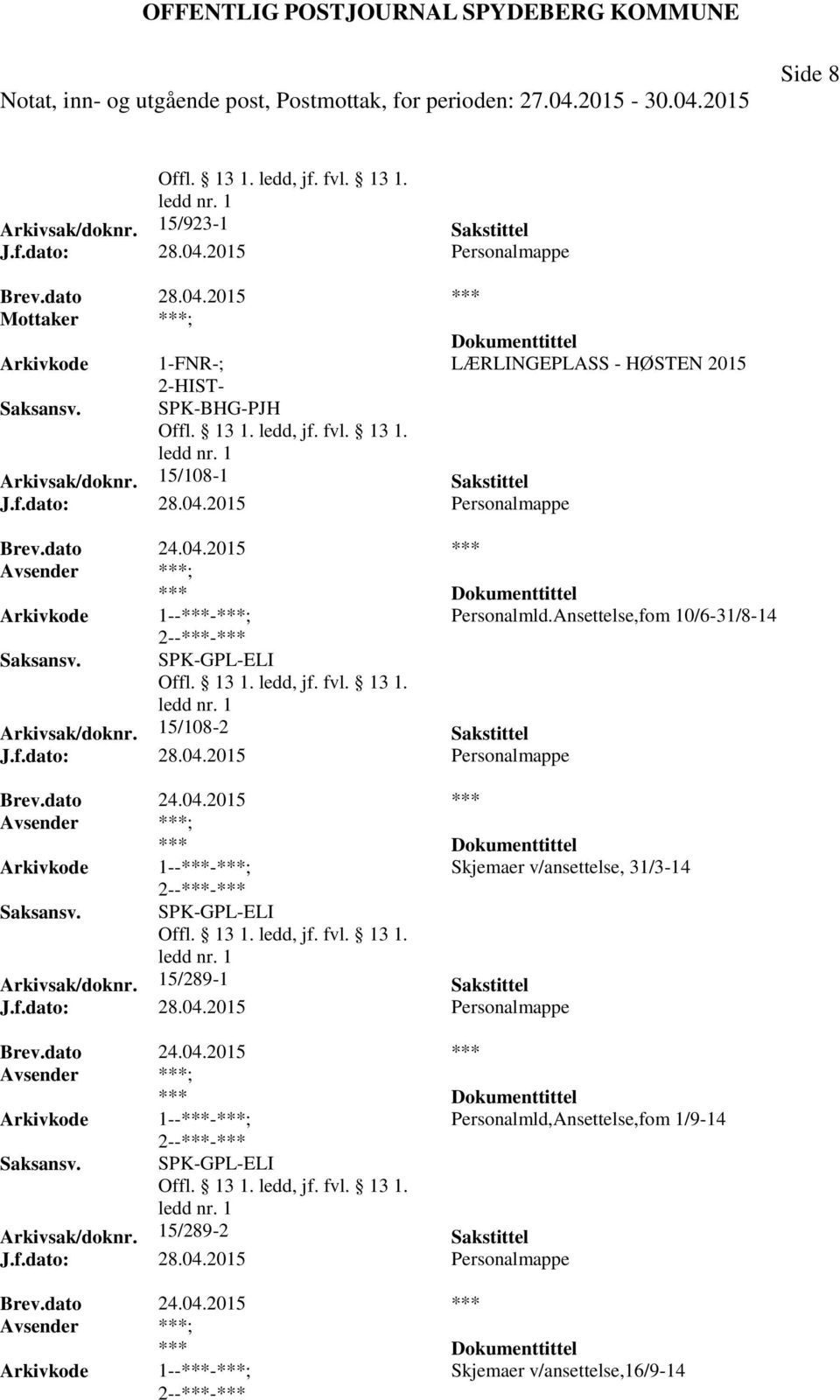 15/289-1 Sakstittel J.f.dato: 28.04.2015 Personalmappe Brev.dato 24.04.2015 *** ; *** Personalmld,Ansettelse,fom 1/9-14 SPK-GPL-ELI Arkivsak/doknr. 15/289-2 Sakstittel J.f.dato: 28.04.2015 Personalmappe Brev.dato 24.04.2015 *** ; *** Skjemaer v/ansettelse,16/9-14