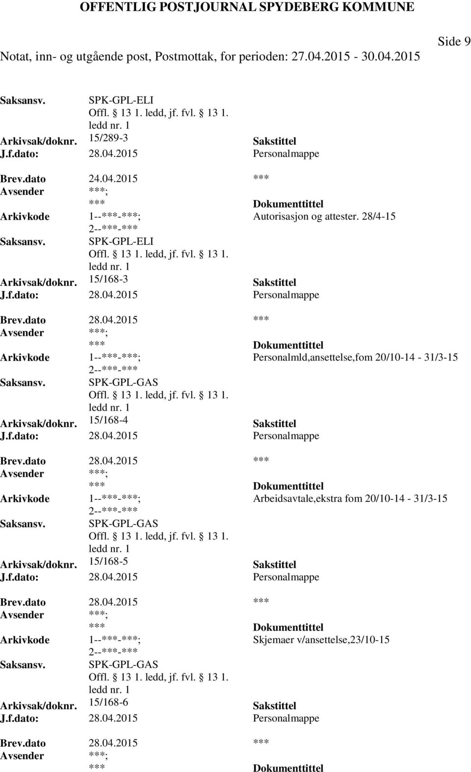 2015 Personalmappe ; *** Personalmld,ansettelse,fom 20/10-14 - 31/3-15 SPK-GPL-GAS Arkivsak/doknr. 15/168-4 Sakstittel J.f.dato: 28.04.