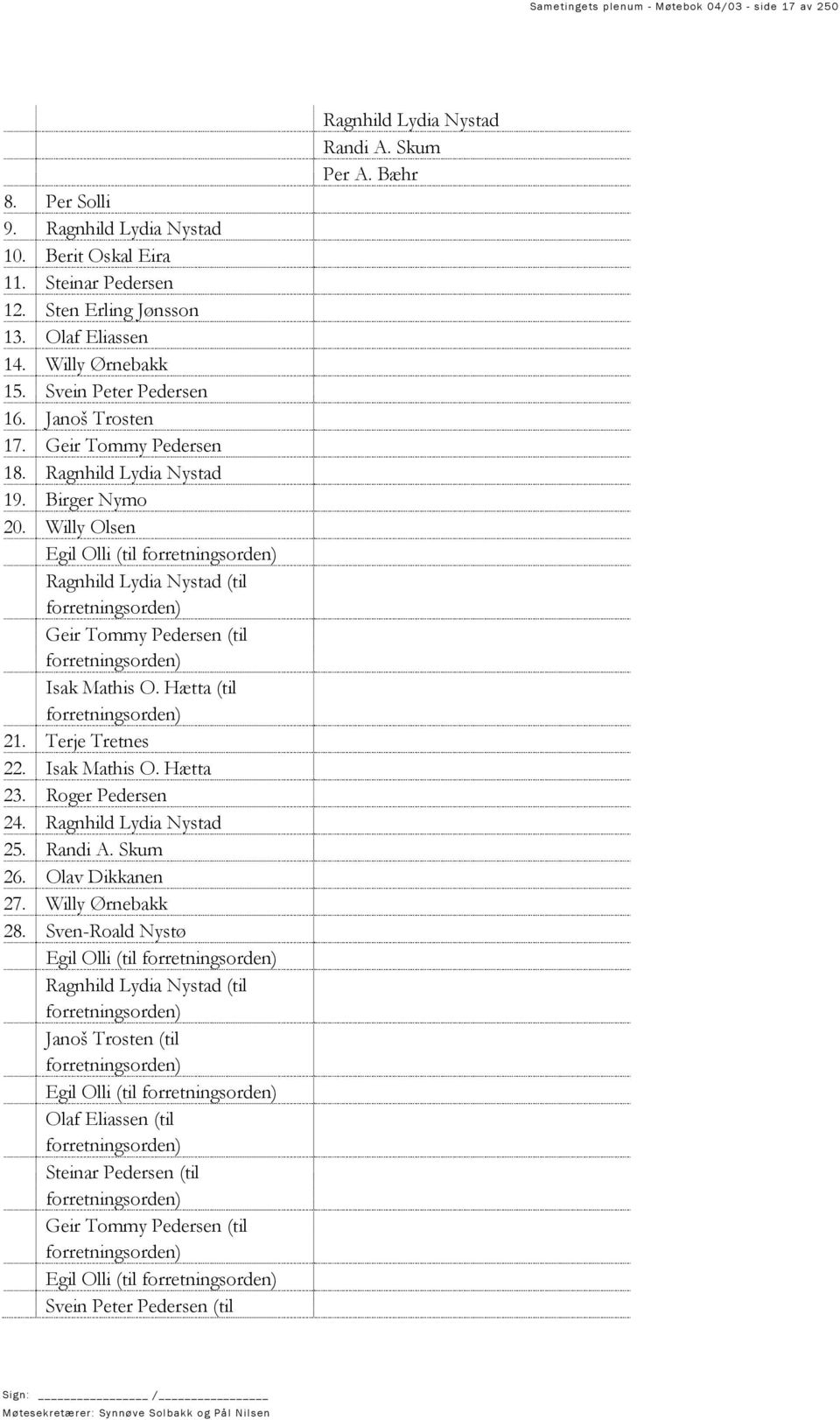 Willy Olsen Egil Olli (til forretningsorden) Ragnhild Lydia Nystad (til forretningsorden) Geir Tommy Pedersen (til forretningsorden) Isak Mathis O. Hætta (til forretningsorden) 21. Terje Tretnes 22.