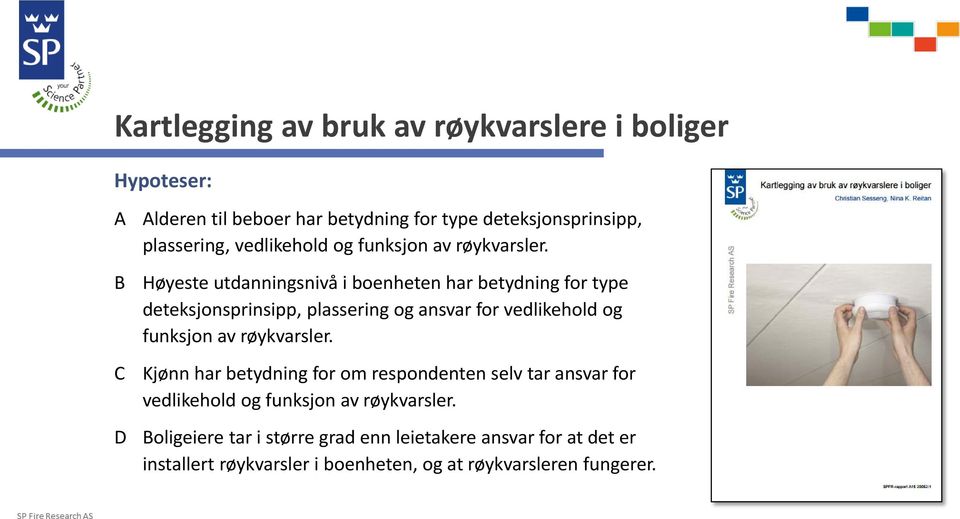 B Høyeste utdanningsnivå i boenheten har betydning for type deteksjonsprinsipp, plassering og ansvar for  C Kjønn har betydning for om