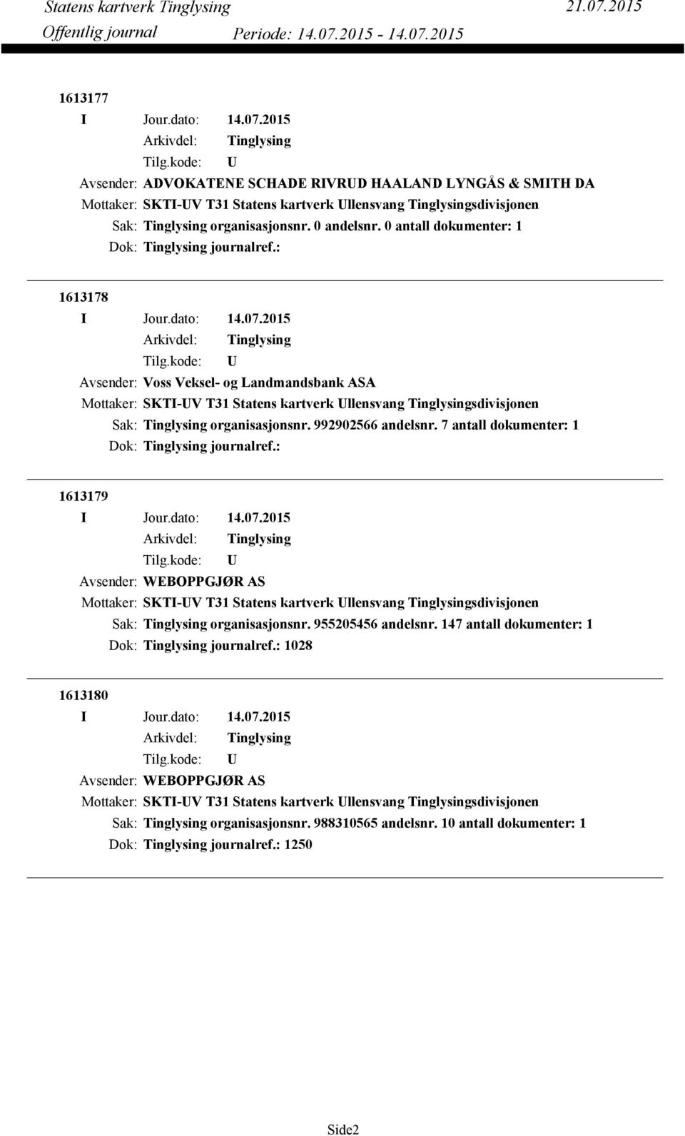 7 antall dokumenter: 1 Dok: journalref.: 1613179 Avsender: WEBOPPGJØR AS Mottaker: SKTI-V T31 Statens kartverk llensvang sdivisjonen organisasjonsnr. 955205456 andelsnr.