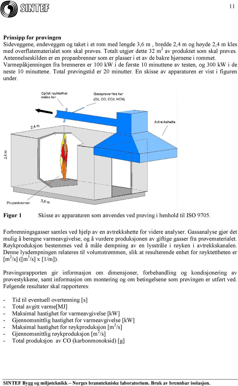 Varmepåkjenningen fra brenneren er 100 kw i de første 10 minuttene av testen, og 300 kw i de neste 10 minuttene. Total prøvingstid er 20 minutter. En skisse av apparaturen er vist i figuren under.