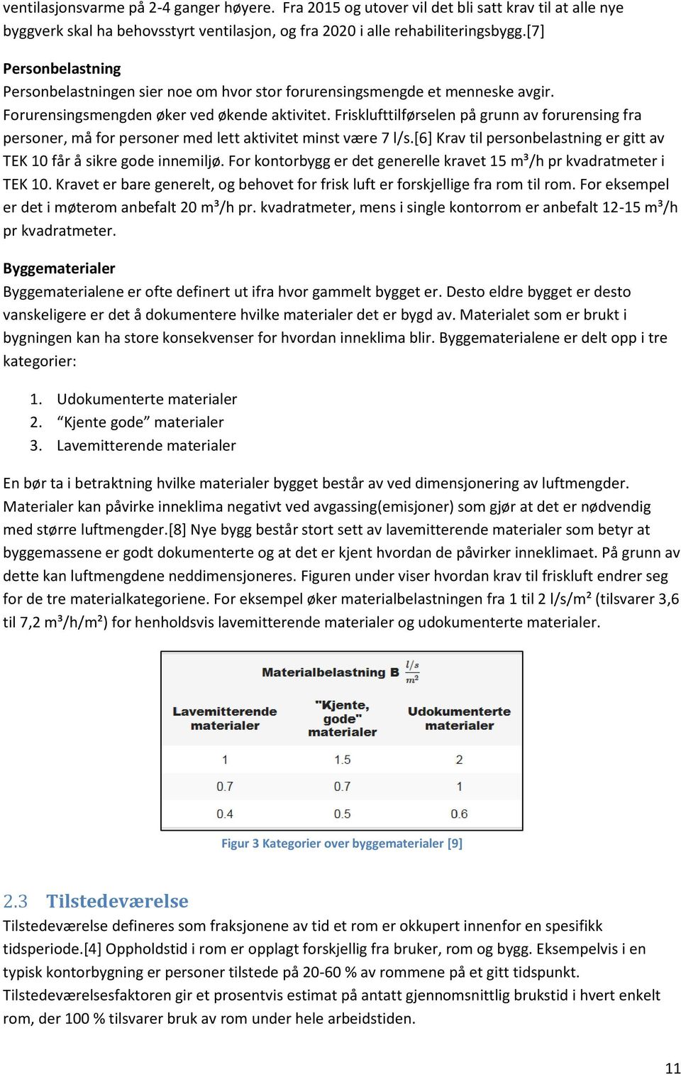 Frisklufttilførselen på grunn av forurensing fra personer, må for personer med lett aktivitet minst være 7 l/s.[6] Krav til personbelastning er gitt av TEK 10 får å sikre gode innemiljø.