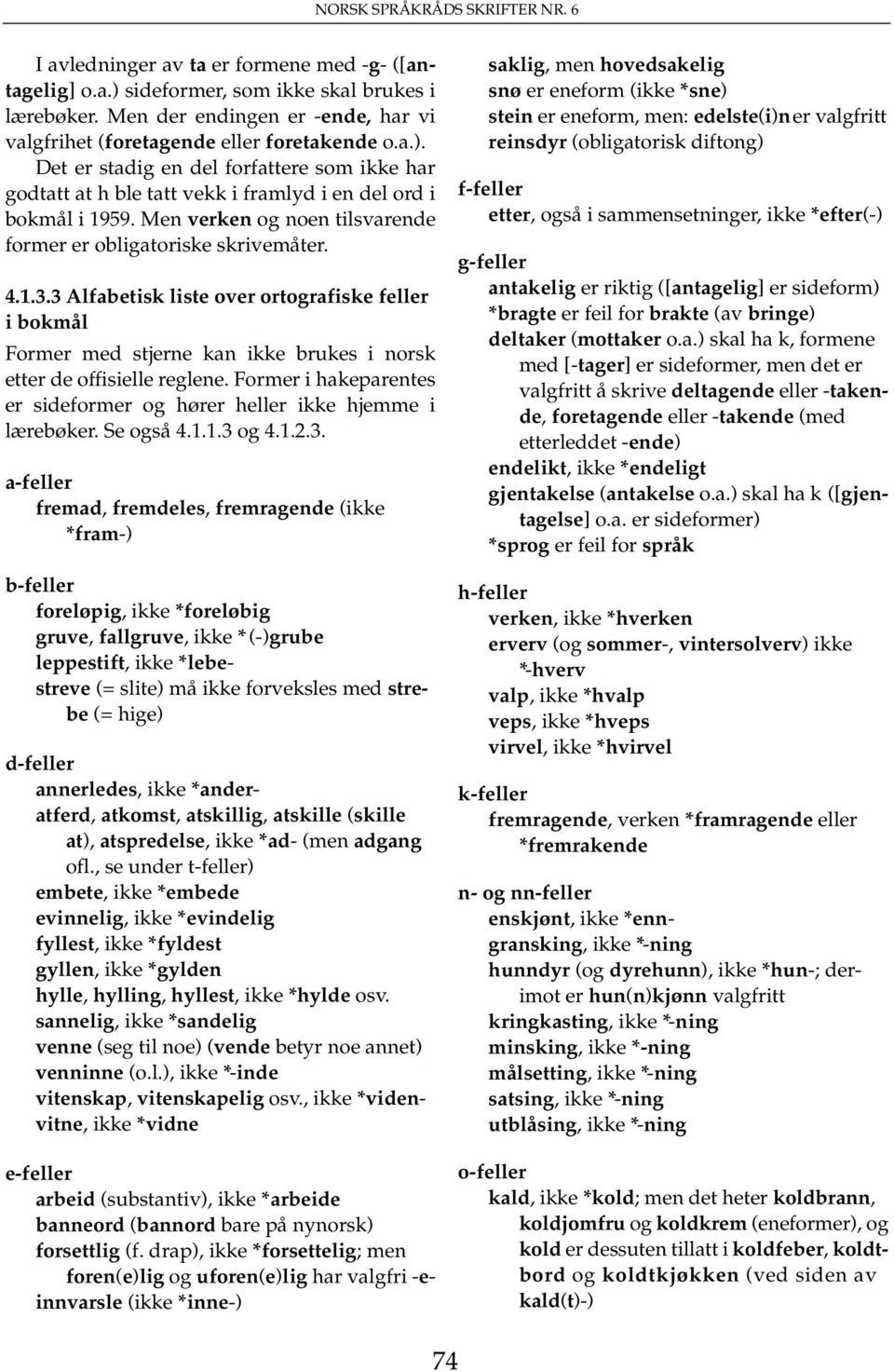 Men verken og noen tilsvarende former er obligatoriske skrivemåter. 4.1.3.3 Alfabetisk liste over ortografiske feller i bokmål Former med stjerne kan ikke brukes i norsk etter de offisielle reglene.