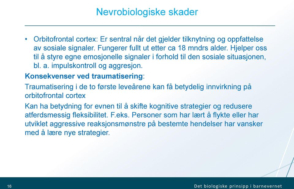 Konsekvenser ved traumatisering: Traumatisering i de to første leveårene kan få betydelig innvirkning på orbitofrontal cortex Kan ha betydning for evnen til å skifte kognitive