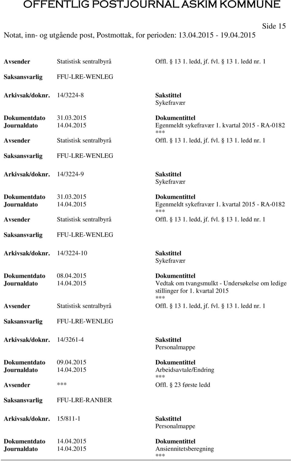 03.2015 Dokumentittel Journaldato 14.04.2015 Egenmeldt sykefravær 1. kvartal 2015 - RA-0182 Statistisk sentralbyrå Offl. 13 1. ledd, jf. fvl. 13 1. ledd nr. 1 FFU-LRE-WENLEG Arkivsak/doknr.