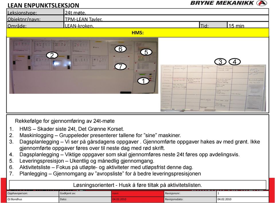 Ikke gjennomførte oppgaver føres over til neste dag med rød skrift. 4. Dagsplanlegging gg g Viktige oppgaver som skal gjennomføres neste 24t føres opp avdelingsvis. 5.