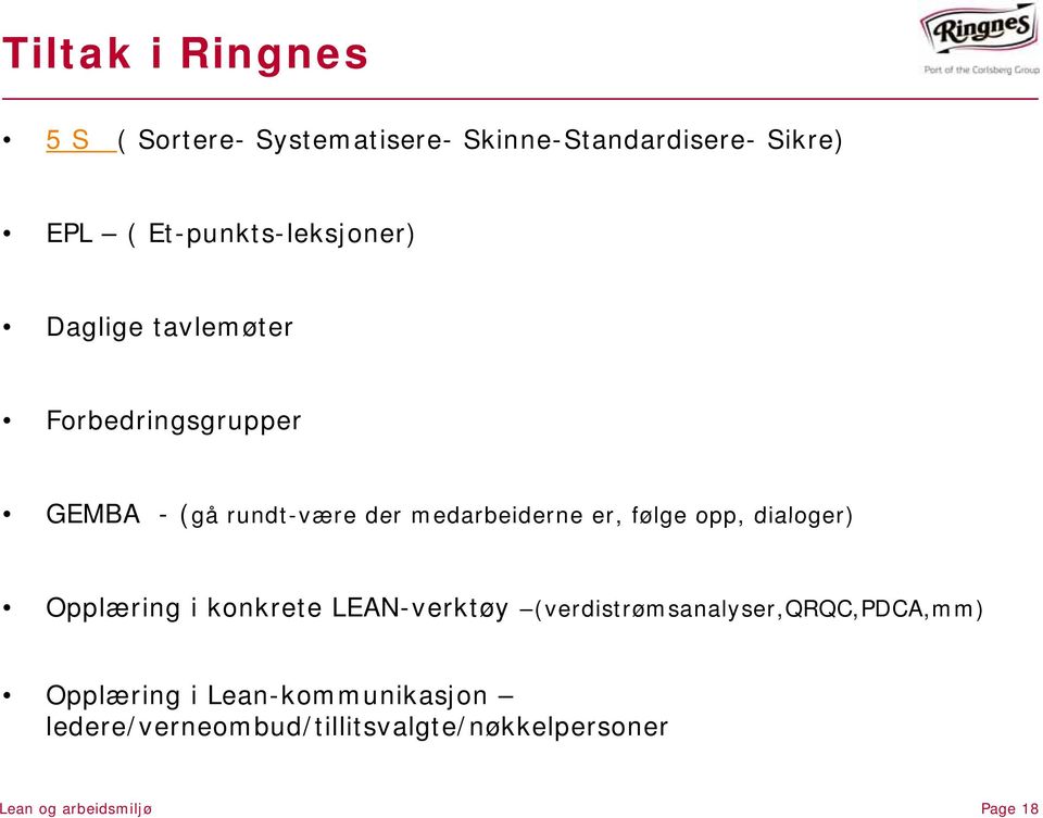 medarbeiderne er, følge opp, dialoger) Opplæring i konkrete LEAN-verktøy