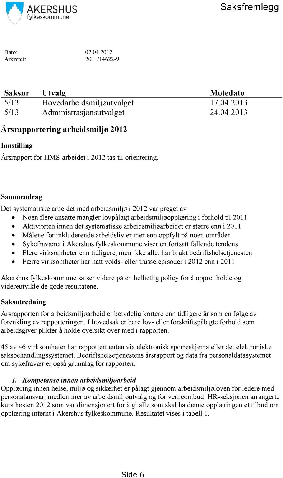 arbeidsmiljøarbeidet er større enn i 2011 Målene for inkluderende arbeidsliv er mer enn oppfylt på noen områder Sykefraværet i Akershus fylkeskommune viser en fortsatt fallende tendens Flere