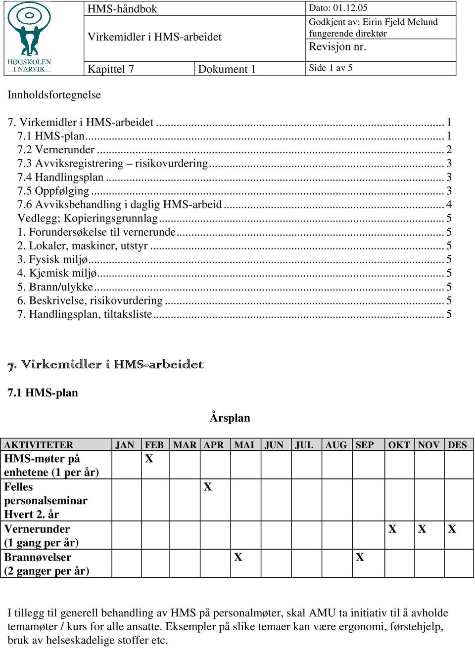 .. 4 Vedlegg; Kopieringsgrunnlag... 5 1. Forundersøkelse til vernerunde... 5 2. Lokaler, maskiner, utstyr... 5 3. Fysisk miljø... 5 4. Kjemisk miljø... 5 5. Brann/ulykke... 5 6.