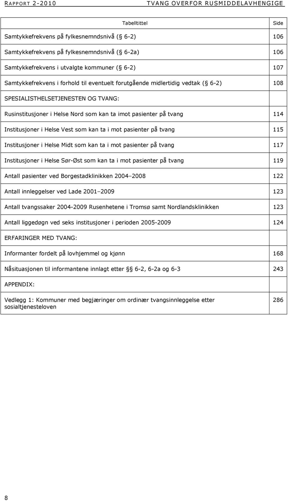 Institusjoner i Helse Vest som kan ta i mot pasienter på tvang 115 Institusjoner i Helse Midt som kan ta i mot pasienter på tvang 117 Institusjoner i Helse Sør-Øst som kan ta i mot pasienter på tvang