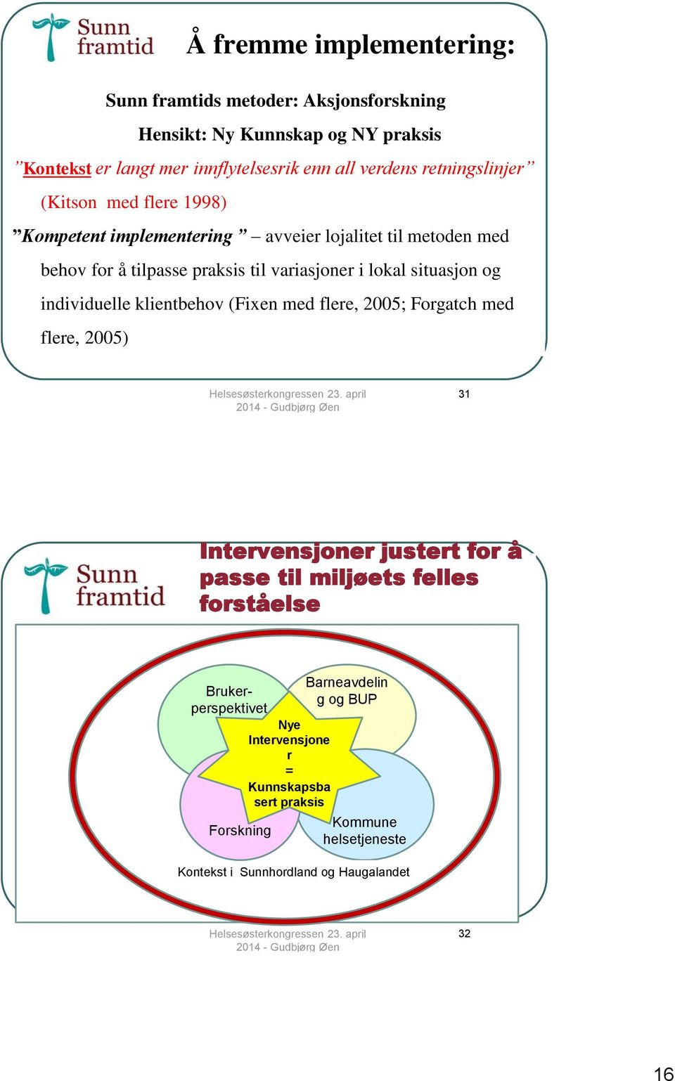 situasjon og individuelle klientbehov (Fixen med flere, 2005; Forgatch med flere, 2005) 31 Intervensjoner justert for å passe til miljøets felles forståelse