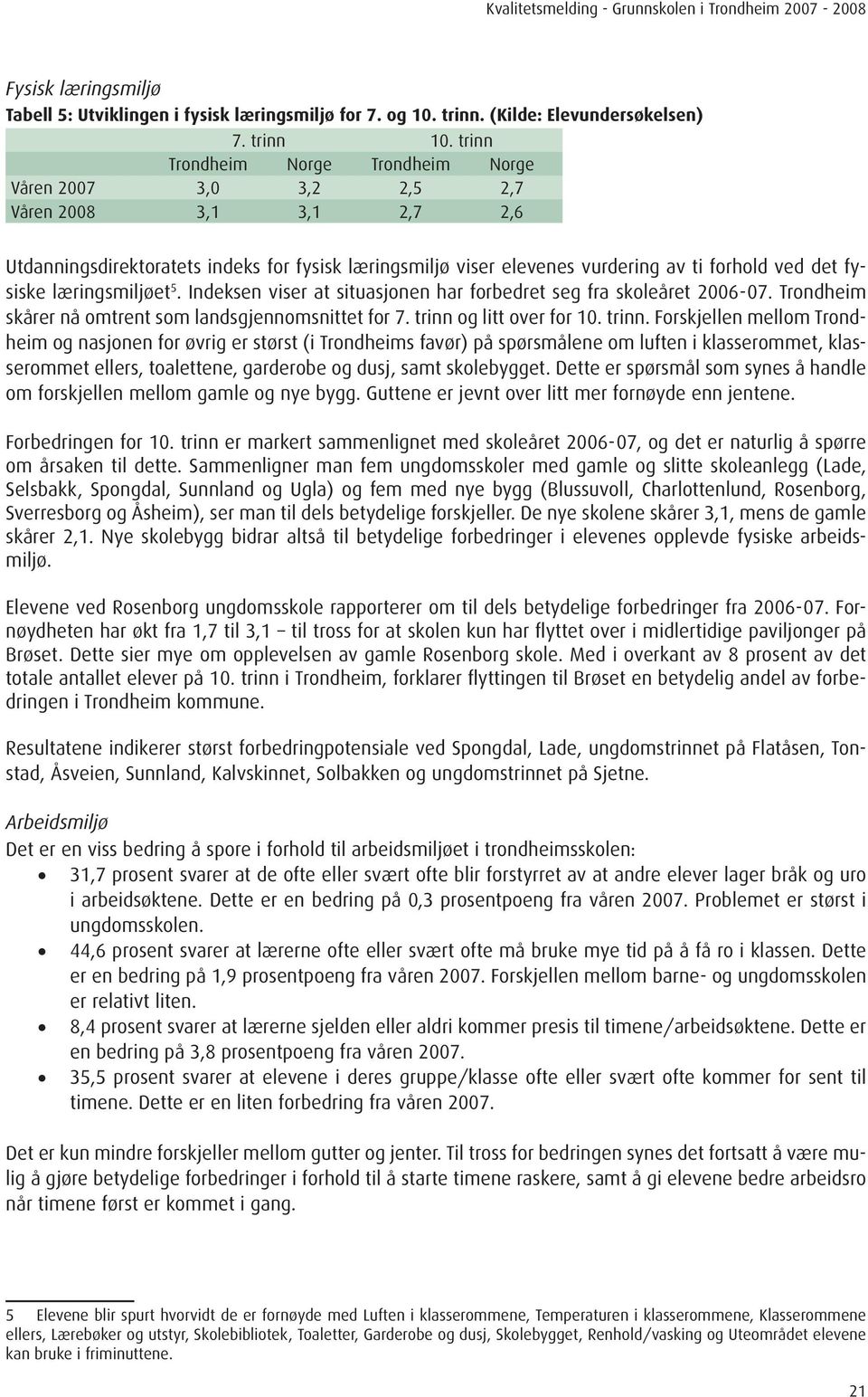 fysiske læringsmiljøet 5. Indeksen viser at situasjonen har forbedret seg fra skoleåret 2006-07. Trondheim skårer nå omtrent som landsgjennomsnittet for 7. trinn 