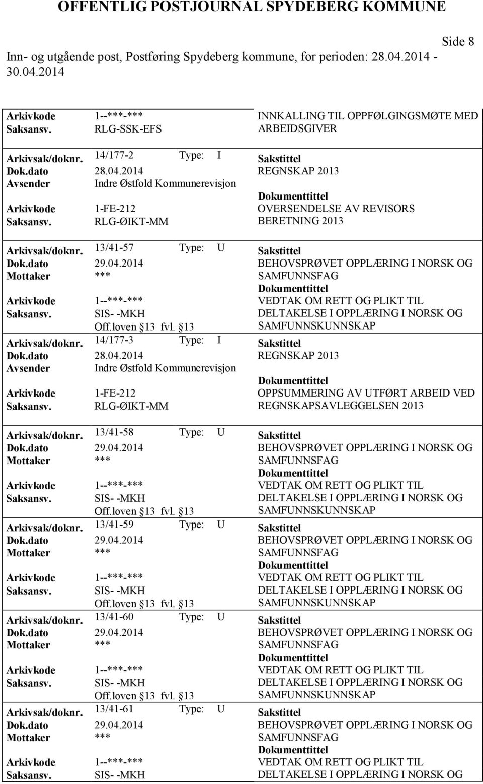 13/41-57 Type: U Sakstittel SAMFUNNSFAG Arkivkode 1--***-*** VEDTAK OM RETT OG PLIKT TIL Arkivsak/doknr. 14/177-3 Type: I Sakstittel Dok.dato 28.04.