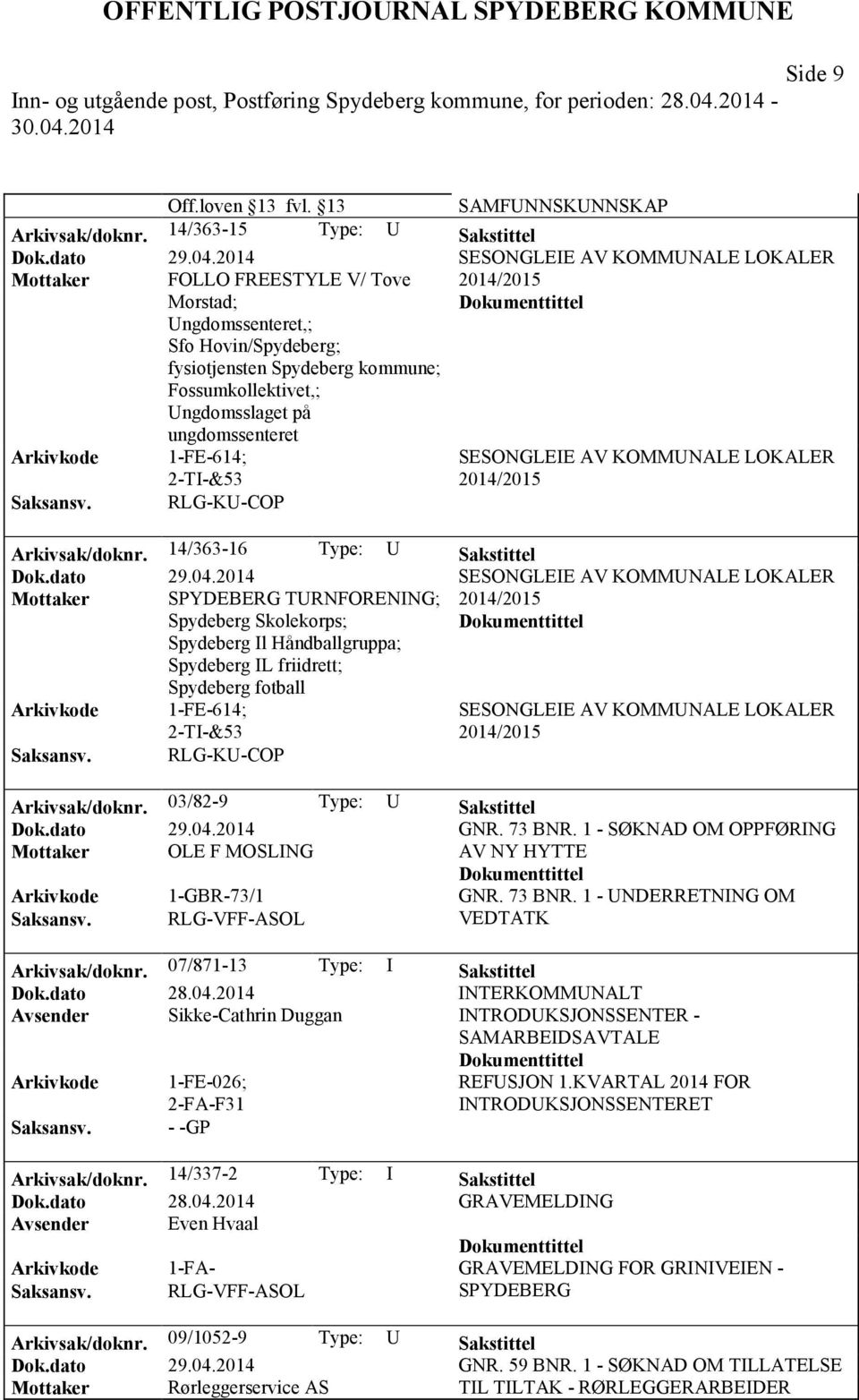 ungdomssenteret Arkivkode 1-FE-614; 2-TI-&53 SESONGLEIE AV KOMMUNALE LOKALER Saksansv. RLG-KU-COP Arkivsak/doknr. 14/363-16 Type: U Sakstittel Dok.dato 29.04.