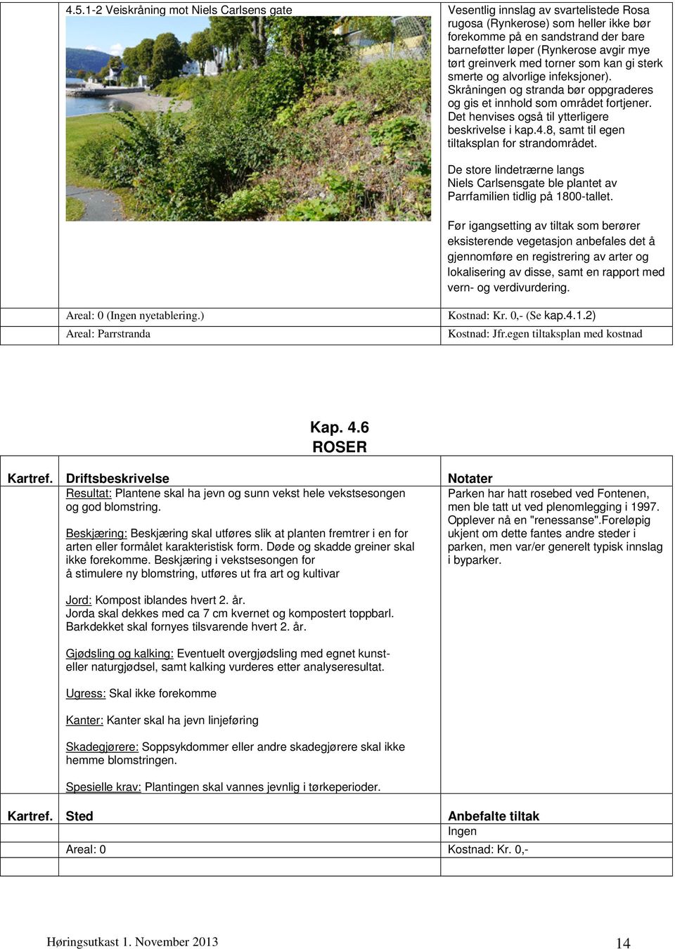 Det henvises også til ytterligere beskrivelse i kap.4.8, samt til egen tiltaksplan for strandområdet. De store lindetrærne langs Niels Carlsensgate ble plantet av Parrfamilien tidlig på 1800-tallet.