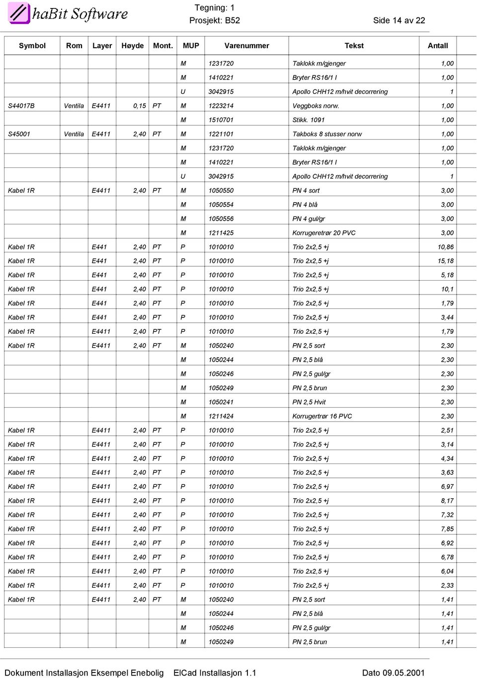 1,00 S45001 Ventila E4411,40 PT M 11101 Takboks 8 stusser norw 1,00 M 13170 Taklokk m/gjenger 1,00 M 14101 Bryter RS16/1 I 1,00 U 304915 Apollo CHH1 m/hvit decorrering 1 Kabel 1R E4411,40 PT M