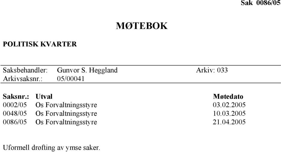 : Utval Møtedato 0002/05 Os Forvaltningsstyre 03.02.2005 0048/05 Os Forvaltningsstyre 10.