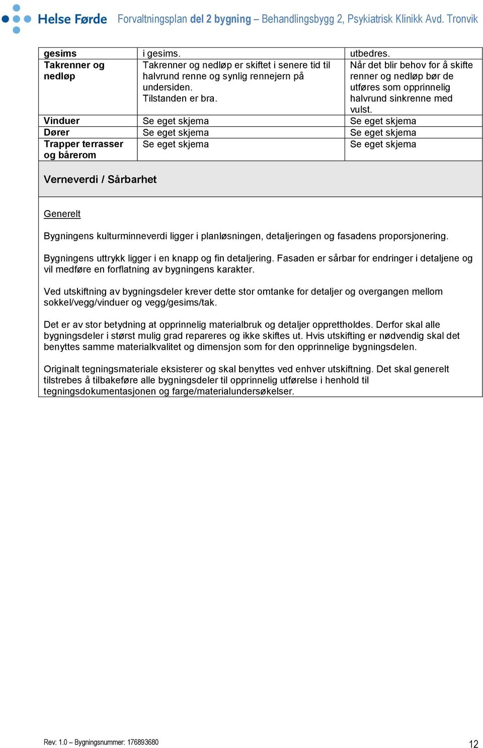 Vinduer Se eget skjema Se eget skjema Dører Se eget skjema Se eget skjema Trapper terrasser og bårerom Se eget skjema Se eget skjema Verneverdi / Sårbarhet Generelt Bygningens kulturminneverdi ligger