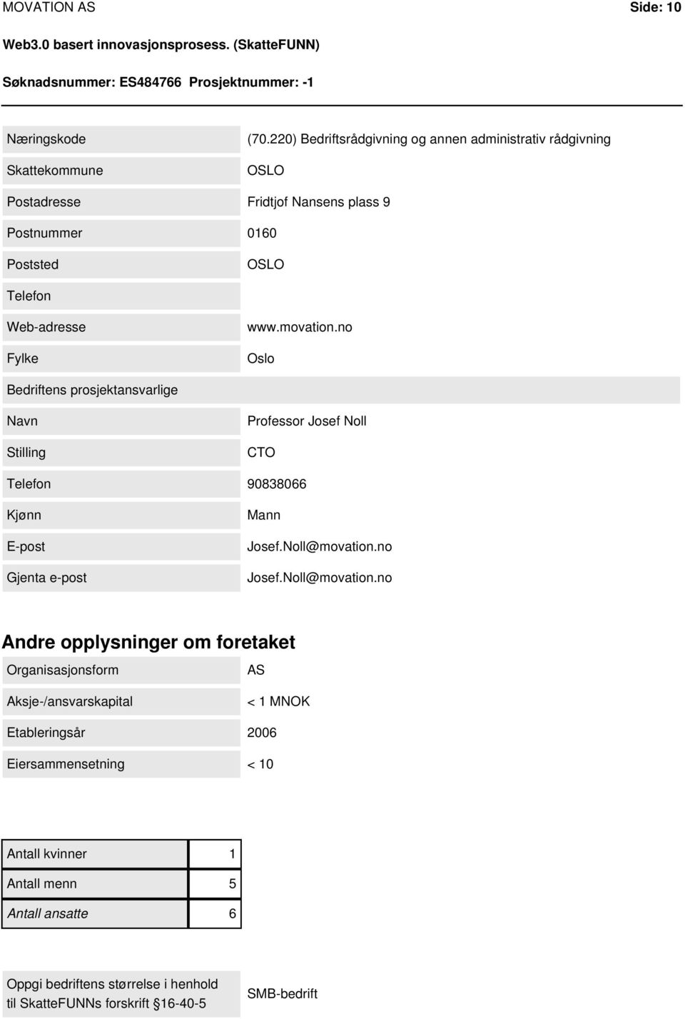 movation.no Oslo Bedriftens prosjektansvarlige Navn Stilling Professor Josef Noll CTO Telefon 90838066 Kjønn E-post Gjenta e-post Mann Josef.Noll@movation.
