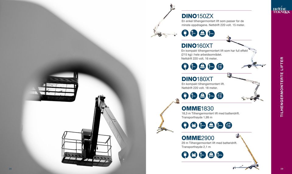 16 m 2000 kg 2050 kg 215 kg DINO180XT En kompakt tilhengermontert lift. Nettdrift 220 volt. 18 meter.