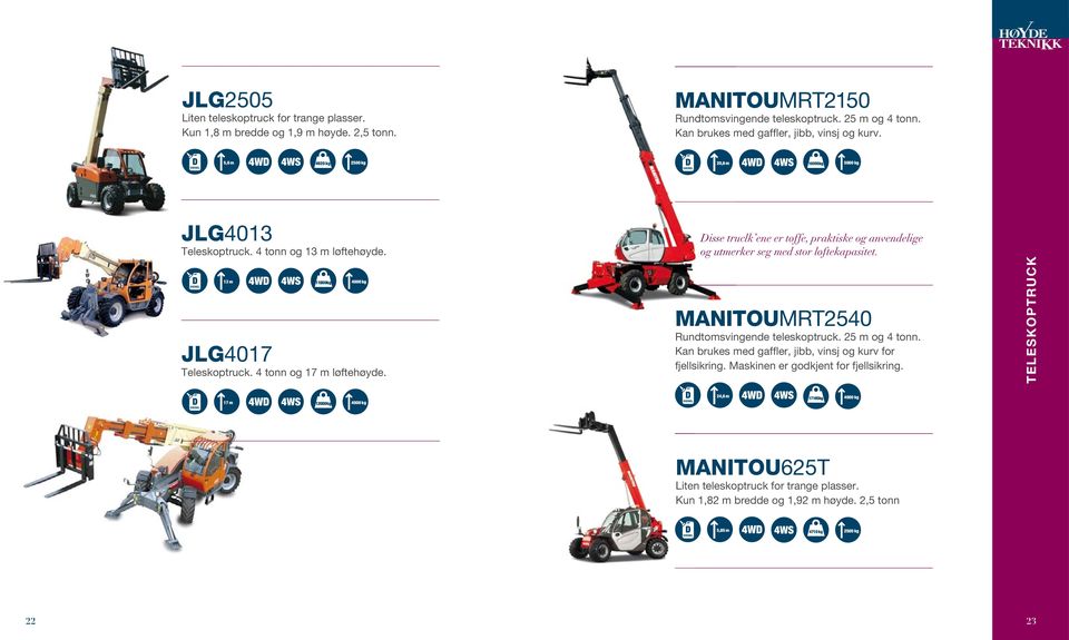 Disse truclk ene er tøffe, praktiske og anvendelige og utmerker seg med stor løftekapasitet. MANITOUMRT2540 Rundtomsvingende teleskoptruck. 25 m og 4 tonn.