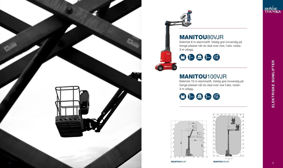 7,9 m 2400 kg 200 kg MANITOU100VJR Elektrisk 10 m stammelift.