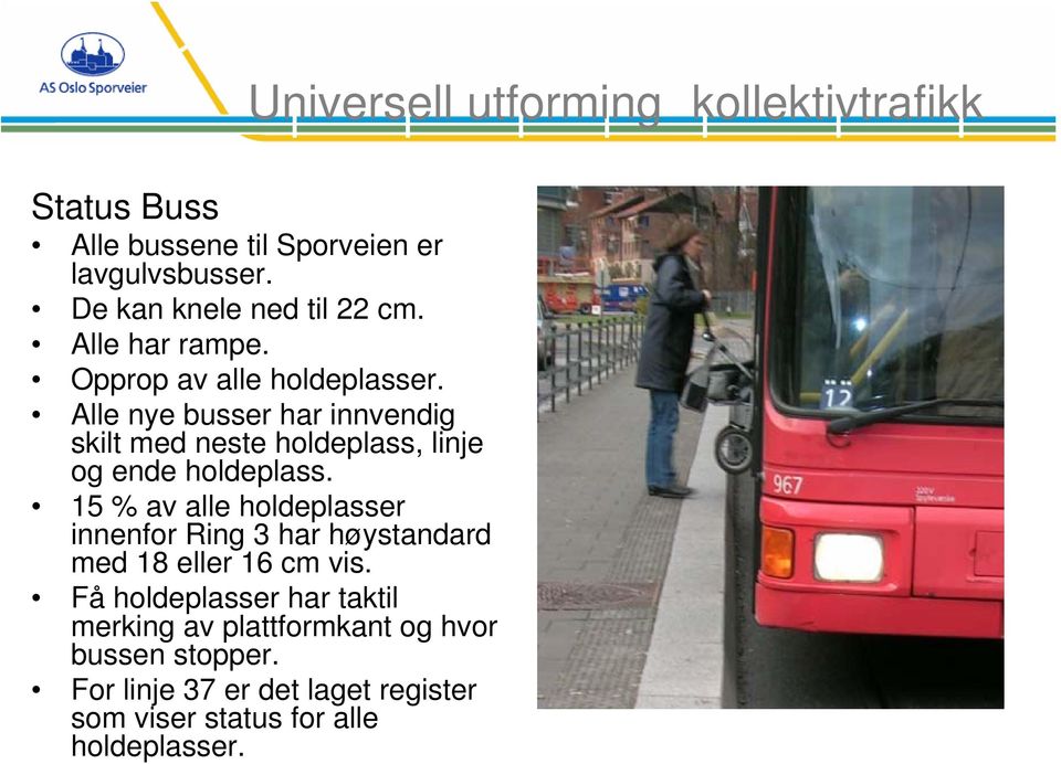 15 % av alle holdeplasser innenfor Ring 3 har høystandard med 18 eller 16 cm vis.