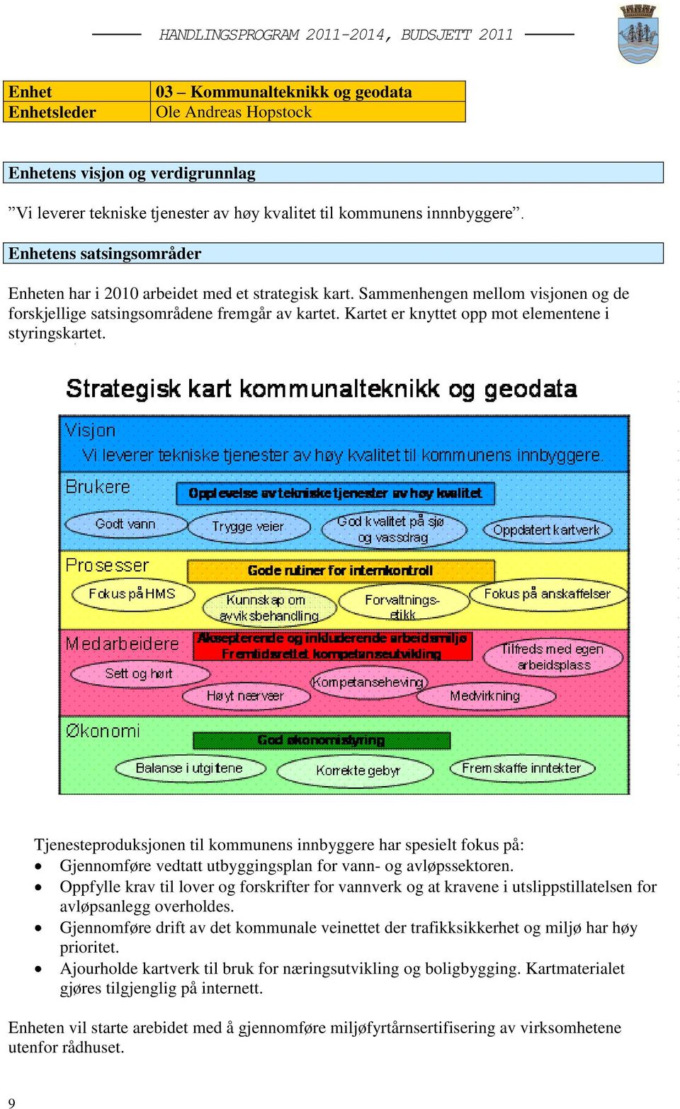 Kartet er knyttet opp mot elementene i styringskartet. Tjenesteproduksjonen til kommunens innbyggere har spesielt fokus på: Gjennomføre vedtatt utbyggingsplan for vann- og avløpssektoren.