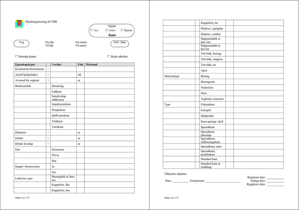 til utløp = m Eier Kommune Privat Stat Inngår i drenssystem Ja Lokk/rist, type Nei Betonglokk m liten rist Kuppelrist, flat Kuppelrist, høy Skade utbedret Dakat ver: 1.