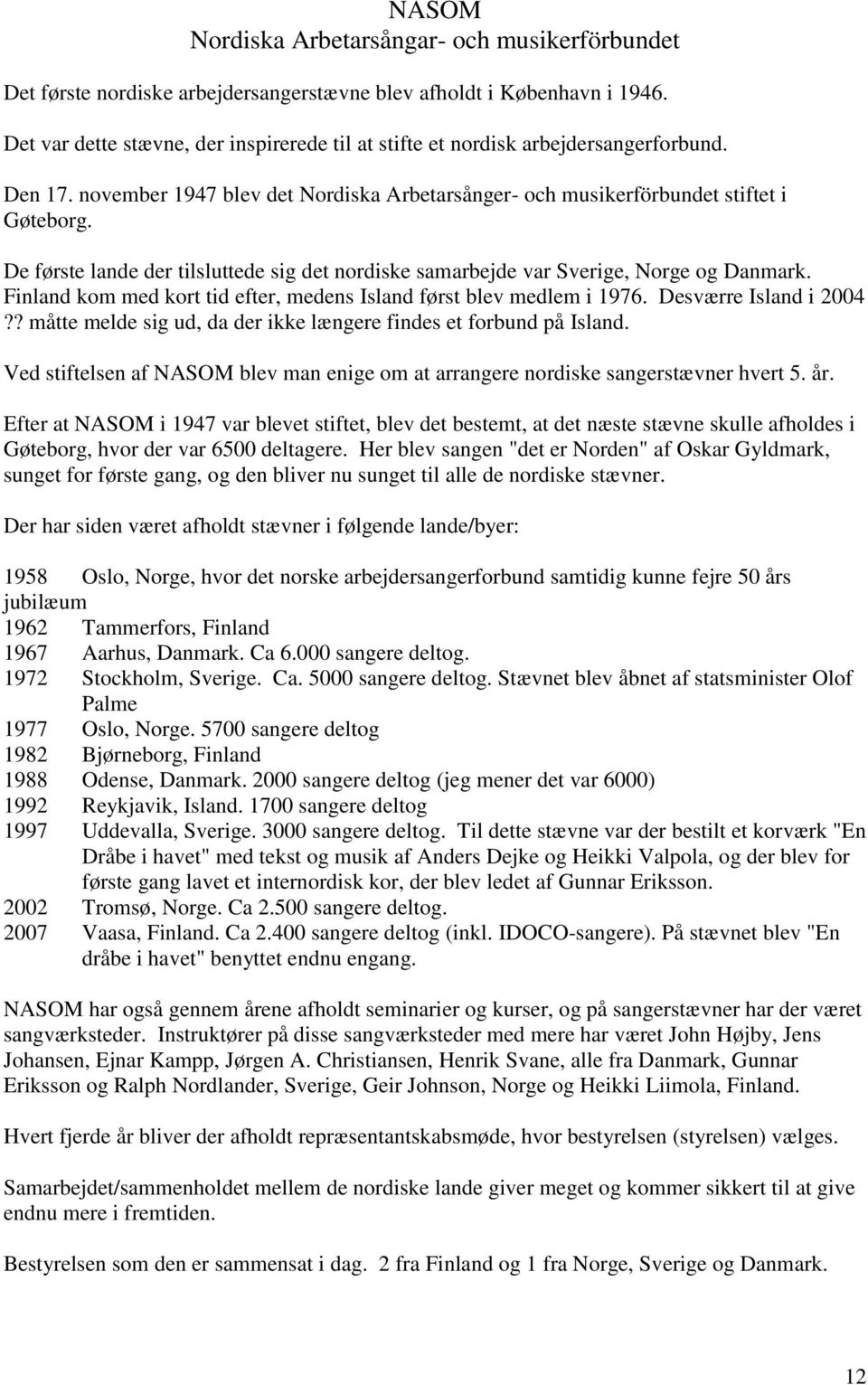 De første lande der tilsluttede sig det nordiske samarbejde var Sverige, Norge og Danmark. Finland kom med kort tid efter, medens Island først blev medlem i 1976. Desværre Island i 2004?