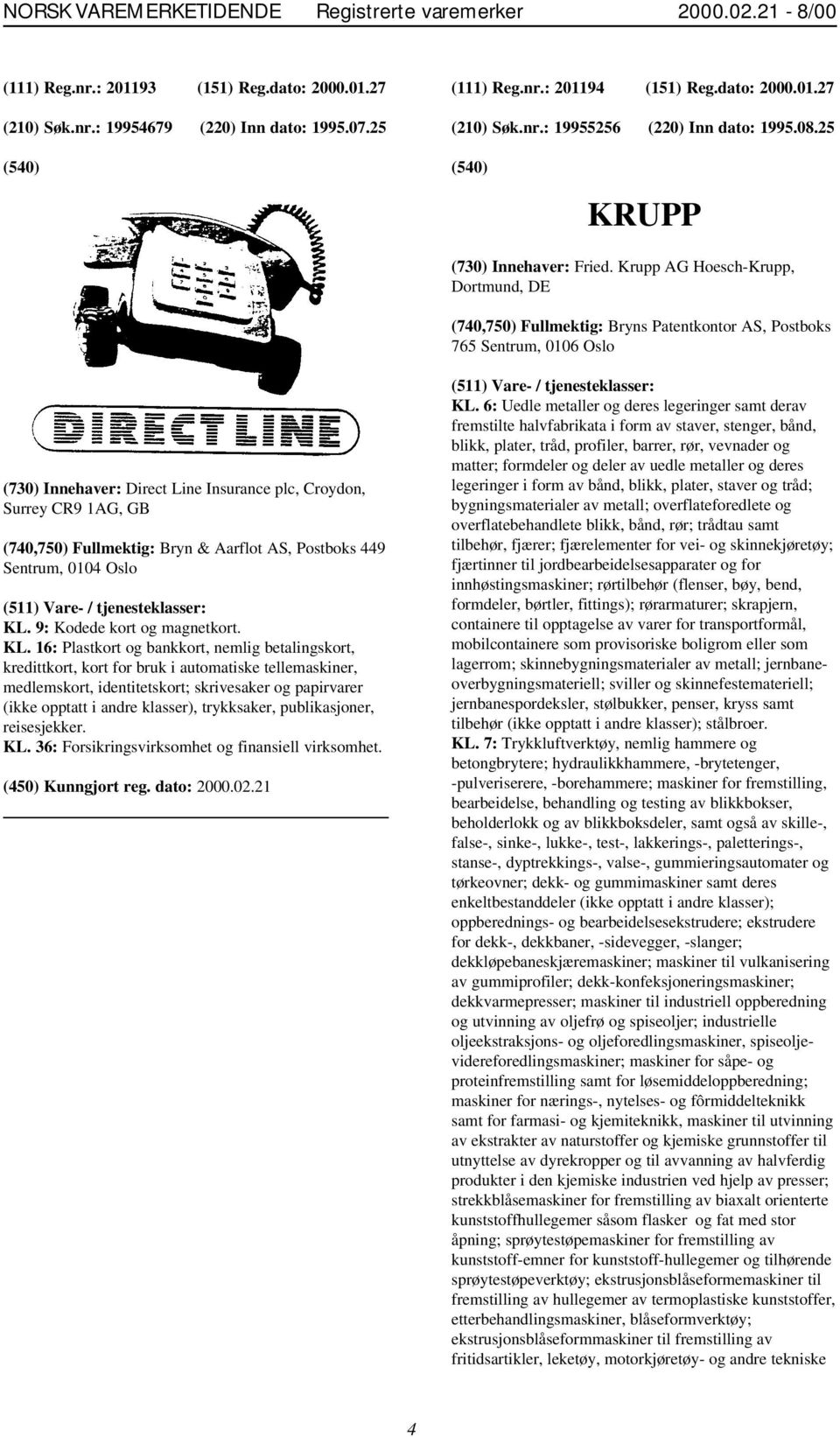 Krupp AG Hoesch-Krupp, Dortmund, DE (740,750) Fullmektig: Bryns Patentkontor AS, Postboks 765 Sentrum, 0106 Oslo (730) Innehaver: Direct Line Insurance plc, Croydon, Surrey CR9 1AG, GB (740,750)