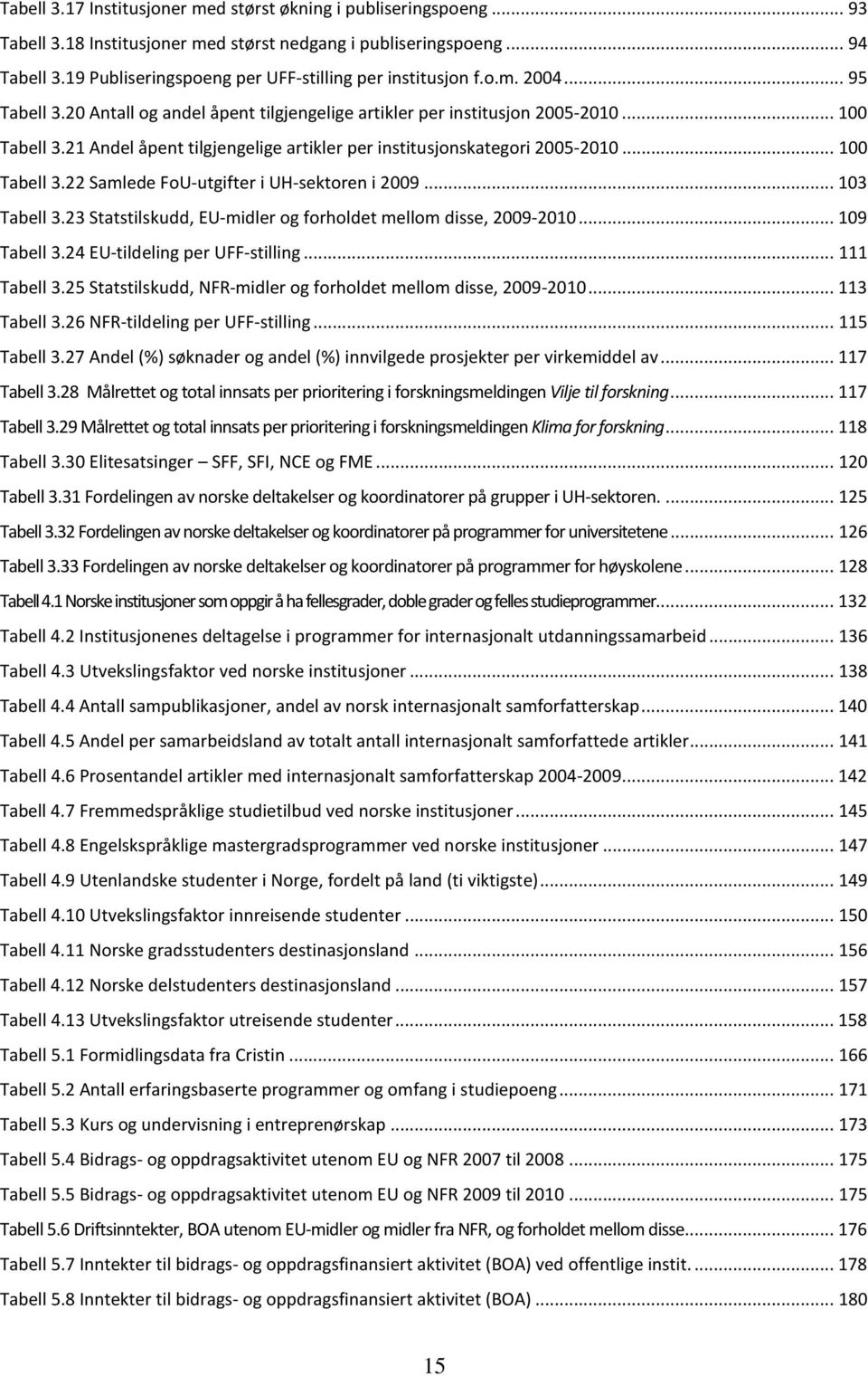 21 Andel åpent tilgjengelige artikler per institusjonskategori 2005-2010... 100 Tabell 3.22 Samlede FoU-utgifter i UH-sektoren i 2009... 103 Tabell 3.