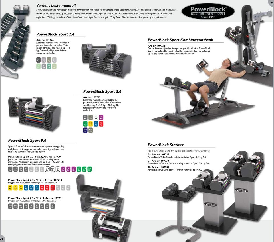 Den totale vekten på disse 37 manualen utgjør hele 1800 kg, mens PowerBlocks justerbare manual par har en vekt på 118 kg. PowerBlock manualer er kompakte og har god balanse. 23 PowerBlock Sport 2.