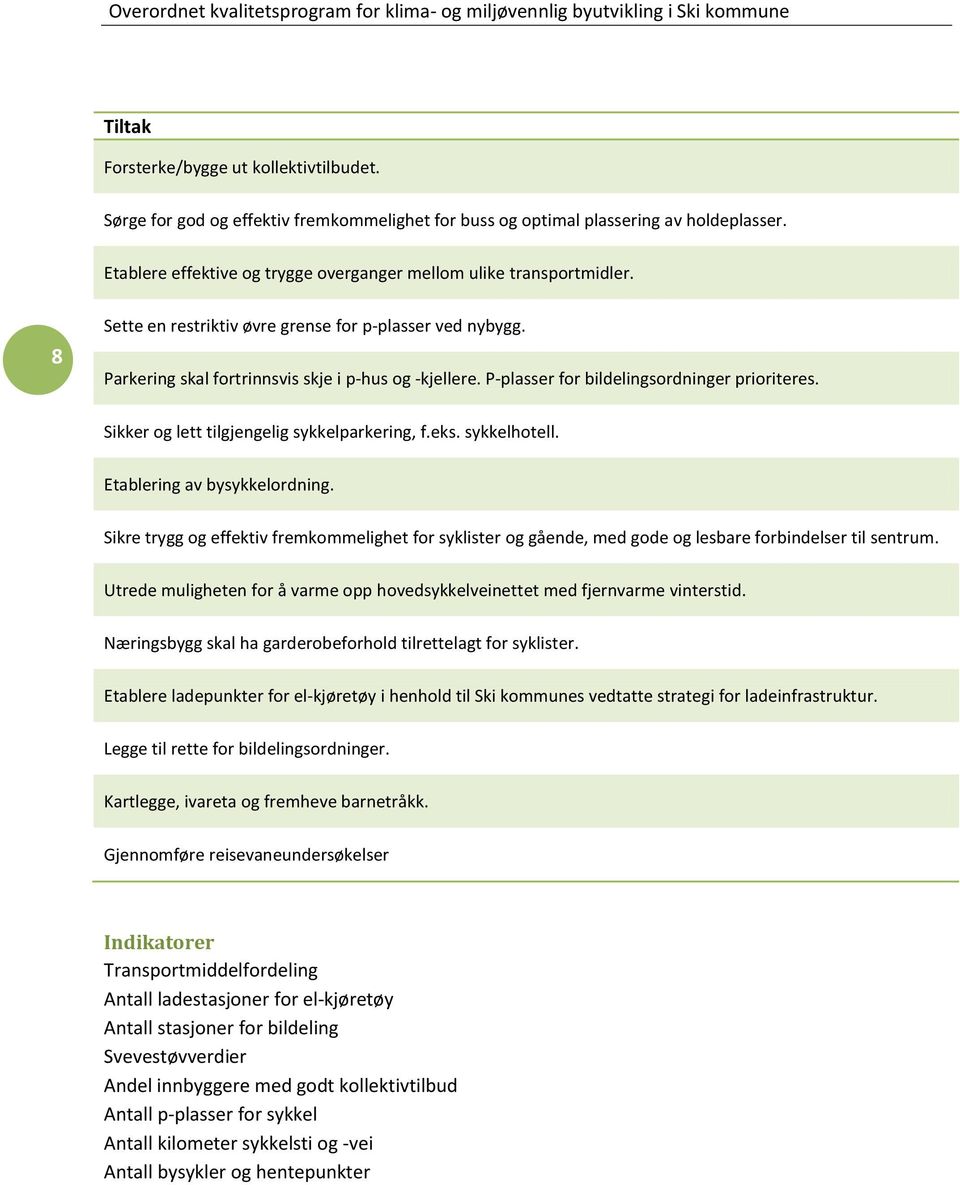 P-plasser for bildelingsordninger prioriteres. Sikker og lett tilgjengelig sykkelparkering, f.eks. sykkelhotell. Etablering av bysykkelordning.