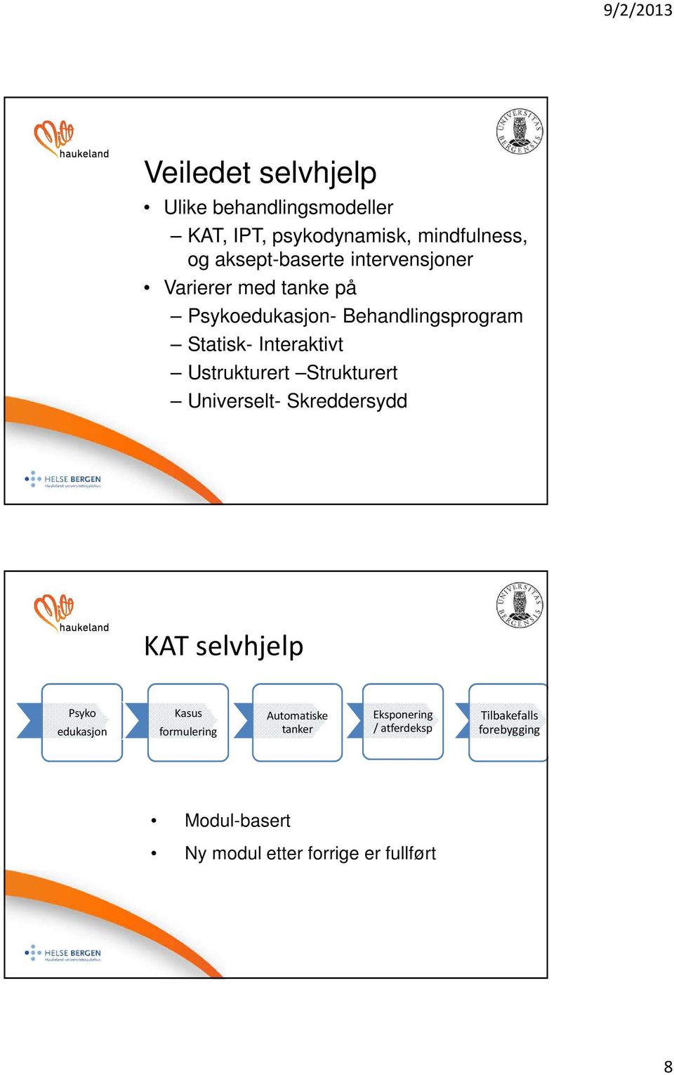 Ustrukturert Strukturert Universelt- Skreddersydd KAT selvhjelp Psyko edukasjon Kasus formulering