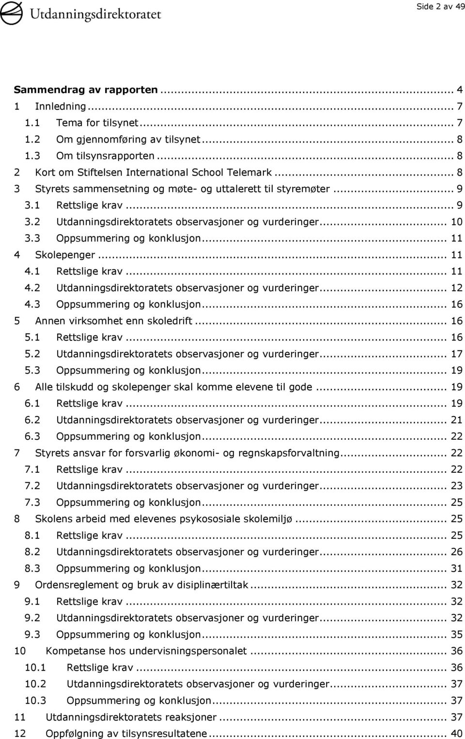 .. 10 3.3 Oppsummering og konklusjon... 11 4 Skolepenger... 11 4.1 Rettslige krav... 11 4.2 Utdanningsdirektoratets observasjoner og vurderinger... 12 4.3 Oppsummering og konklusjon... 16 5 Annen virksomhet enn skoledrift.