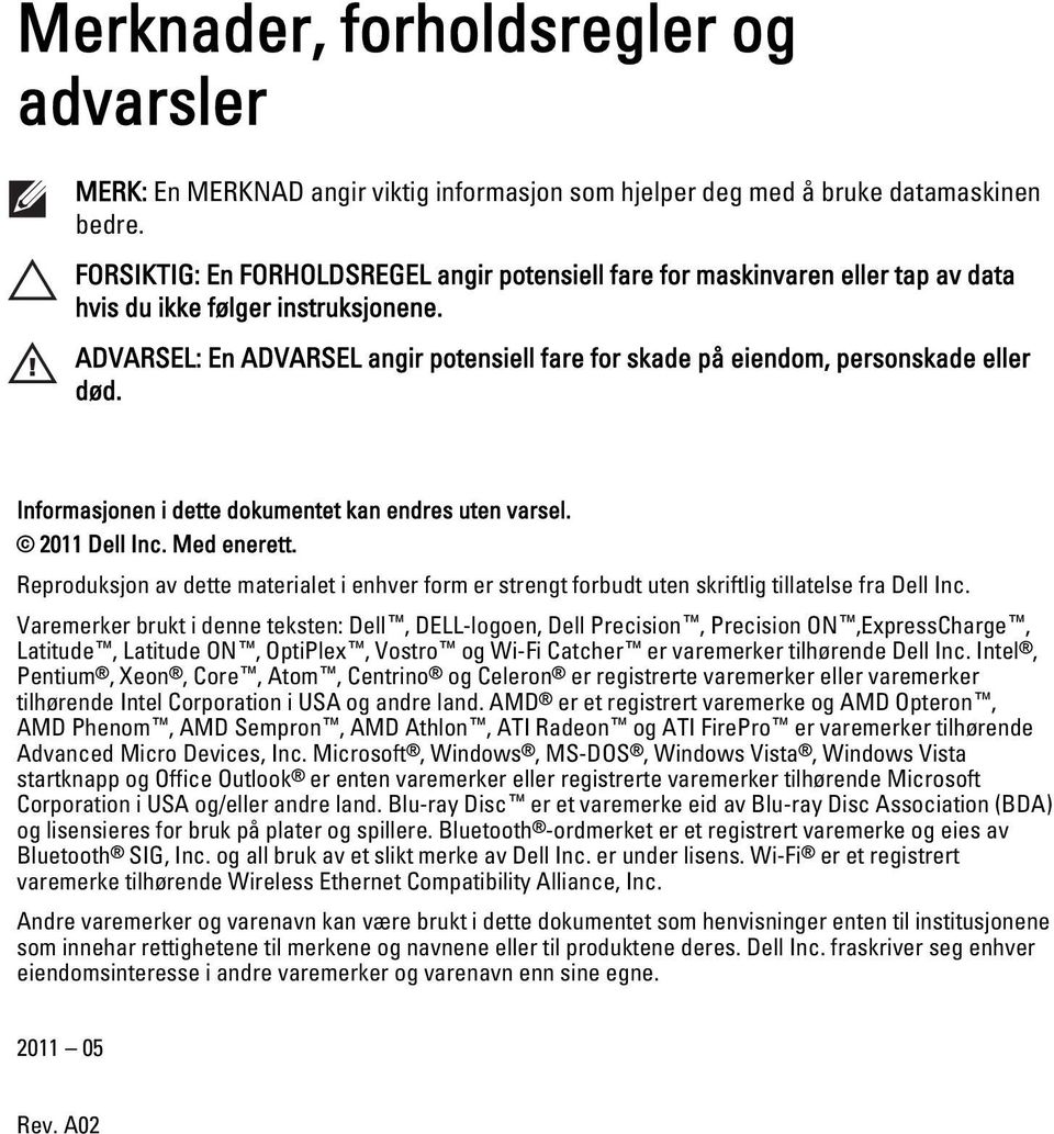 ADVARSEL: En ADVARSEL angir potensiell fare for skade på eiendom, personskade eller død. Informasjonen i dette dokumentet kan endres uten varsel. 2011 Dell Inc. Med enerett.