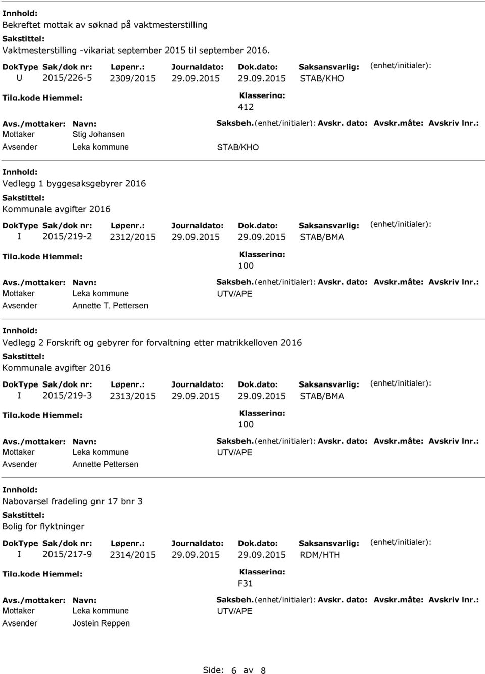 : TV/APE Annette T. Pettersen Vedlegg 2 Forskrift og gebyrer for forvaltning etter matrikkelloven 2016 Kommunale avgifter 2016 2015/219-3 2313/2015 STAB/BMA 100 Avs.