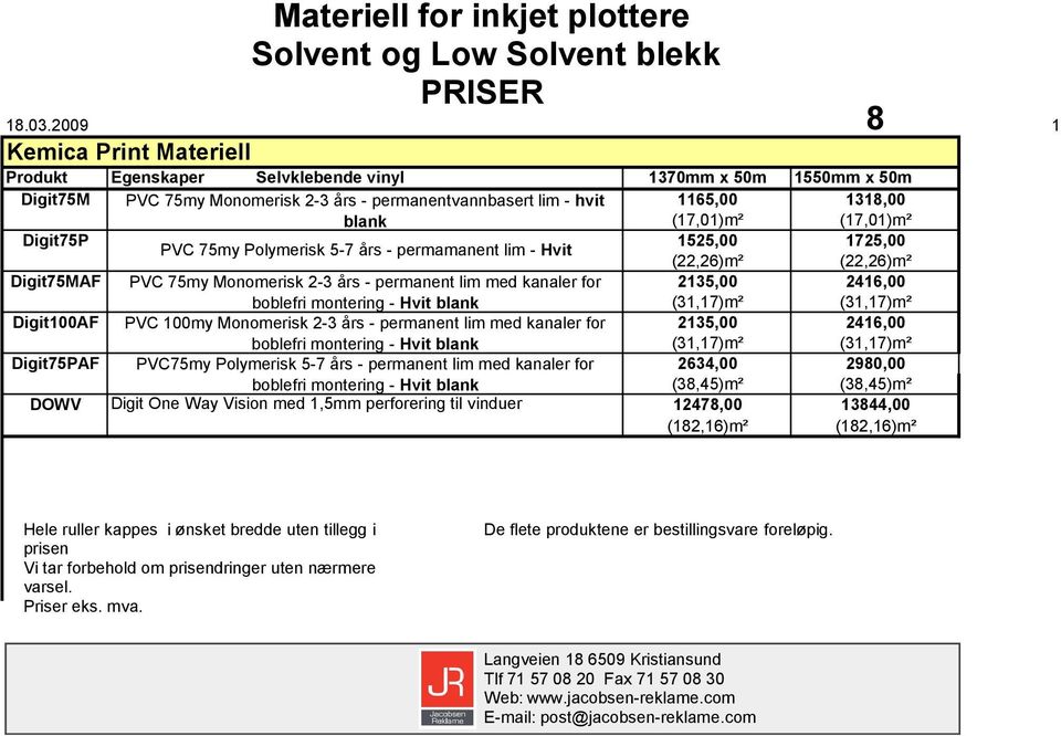 permanentvannbasert lim - hvit 1165,00 1318,00 blank (17,01)m² (17,01)m² Digit75P 1525,00 1725,00 PVC 75my Polymerisk 5-7 års - permamanent lim - Hvit (22,26)m² (22,26)m² Digit75MAF PVC 75my