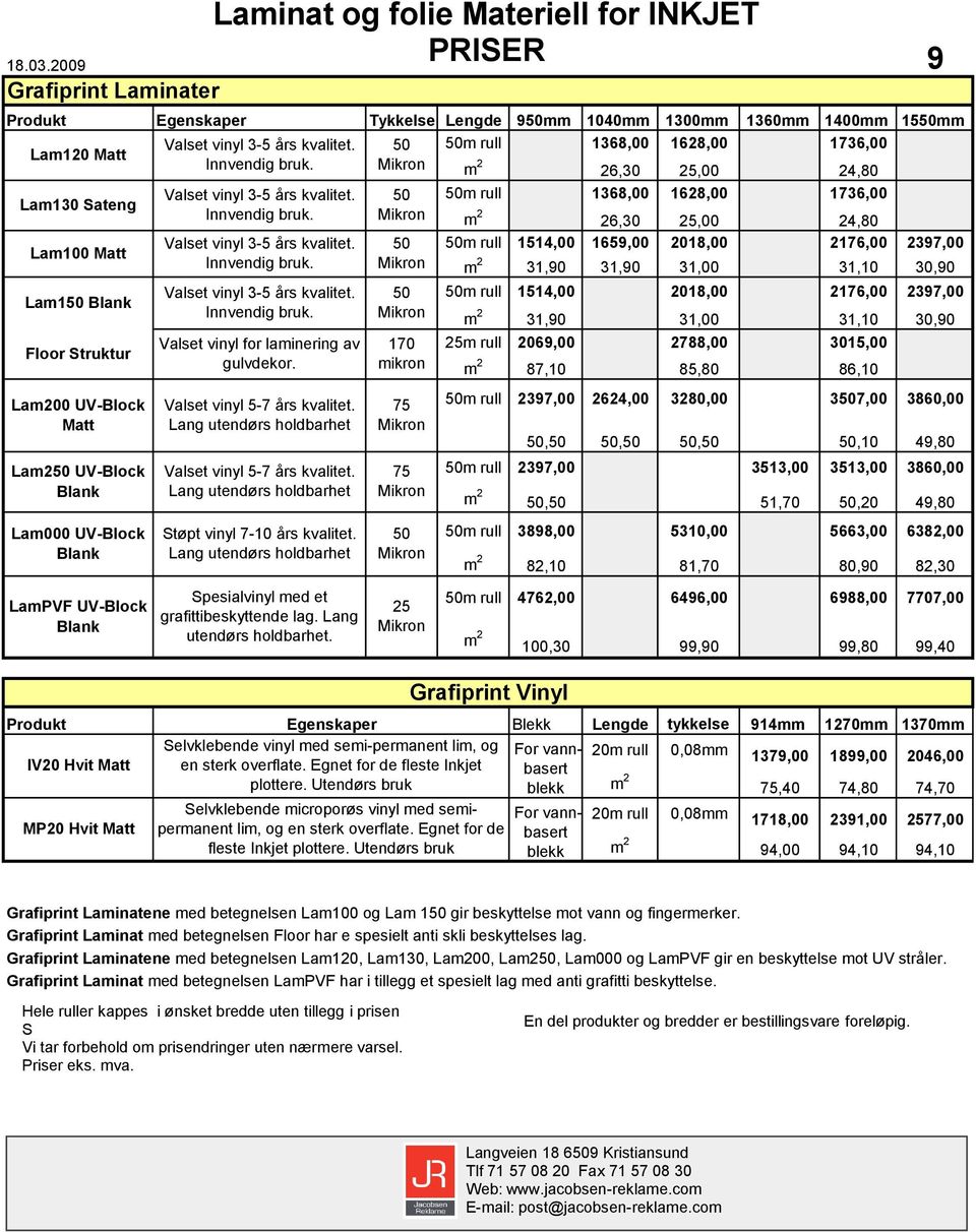 Mikron m 2 26,30 25,00 24,80 50m rull 1368,00 1628,00 1736,00 Lam130 Sateng Lam100 Matt Lam150 Blank Floor Struktur Lam200 UV-Block Matt Lam250 UV-Block Blank Laminat og folie Materiell for INKJET