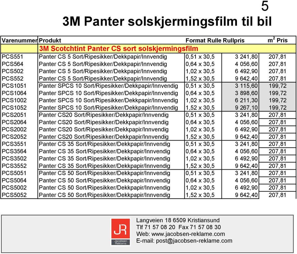 Panter CS 5 Sort/Ripesikker/Dekkpapir/Innvendig 1,52 x 30,5 9 642,40 207,81 PCS1051 Panter SPCS 10 Sort/Ripesikker/Dekkpapir/Innvendig 0,51 x 30,5 3 115,60 199,72 PCS1064 Panter SPCS 10