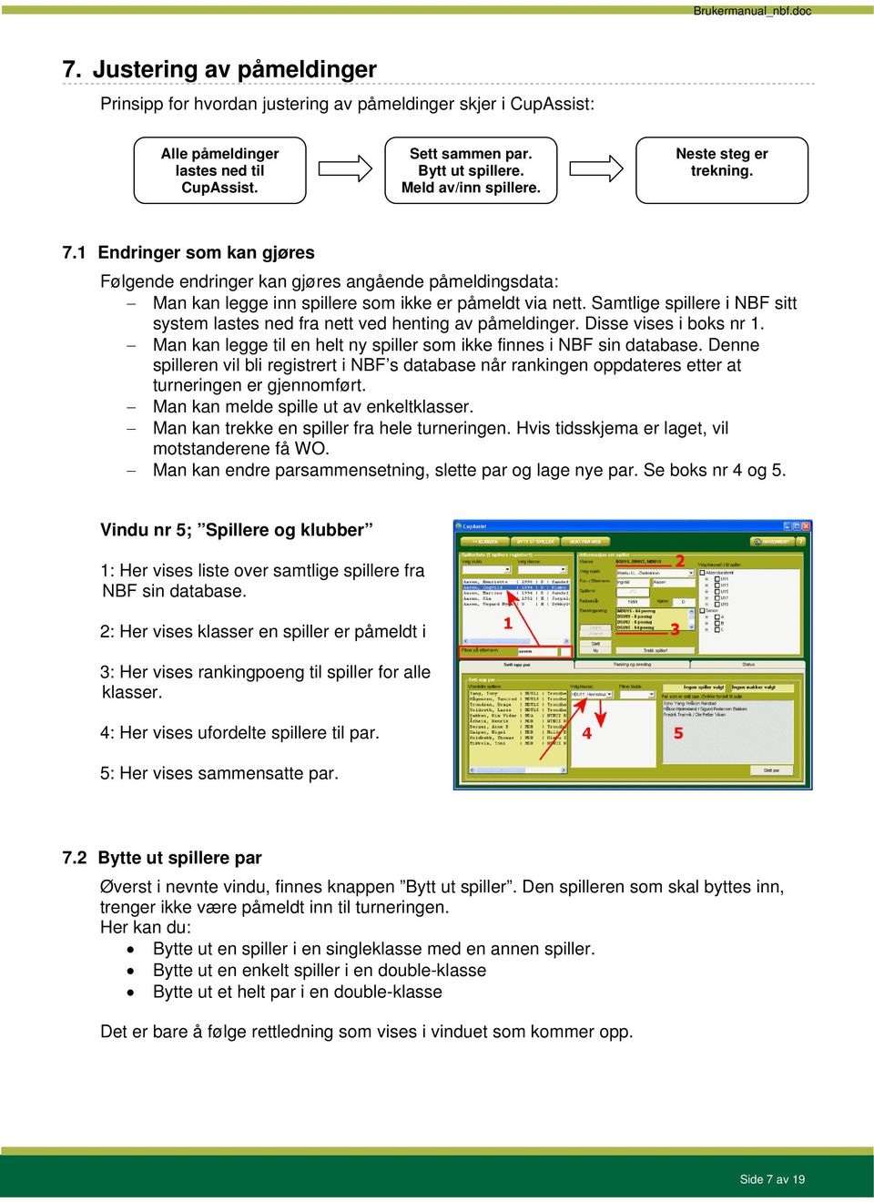 Samtlige spillere i NBF sitt system lastes ned fra nett ved henting av påmeldinger. Disse vises i boks nr 1. Man kan legge til en helt ny spiller som ikke finnes i NBF sin database.