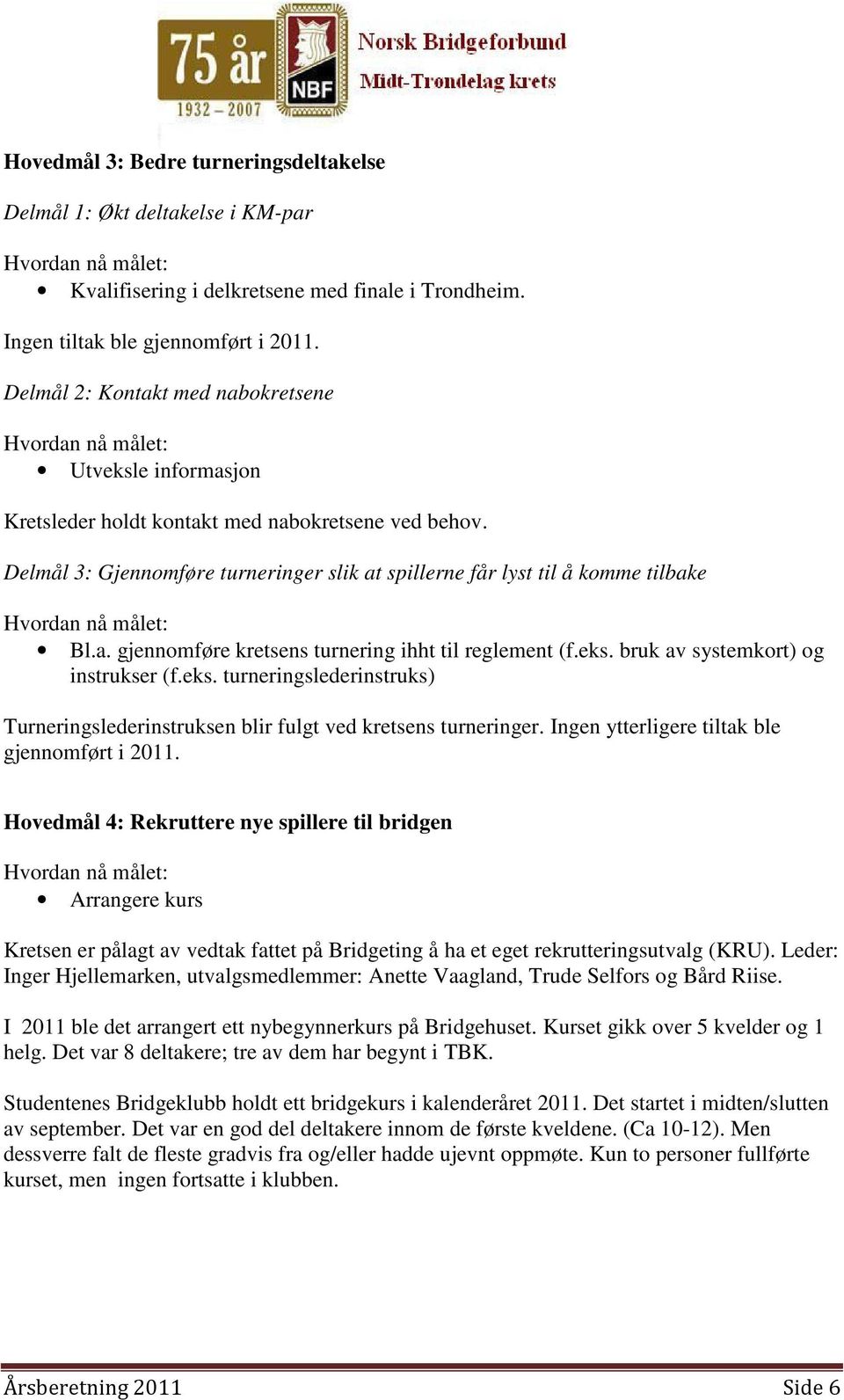 eks. bruk av systemkort) og instrukser (f.eks. turneringslederinstruks) Turneringslederinstruksen blir fulgt ved kretsens turneringer. Ingen ytterligere tiltak ble gjennomført i 2011.