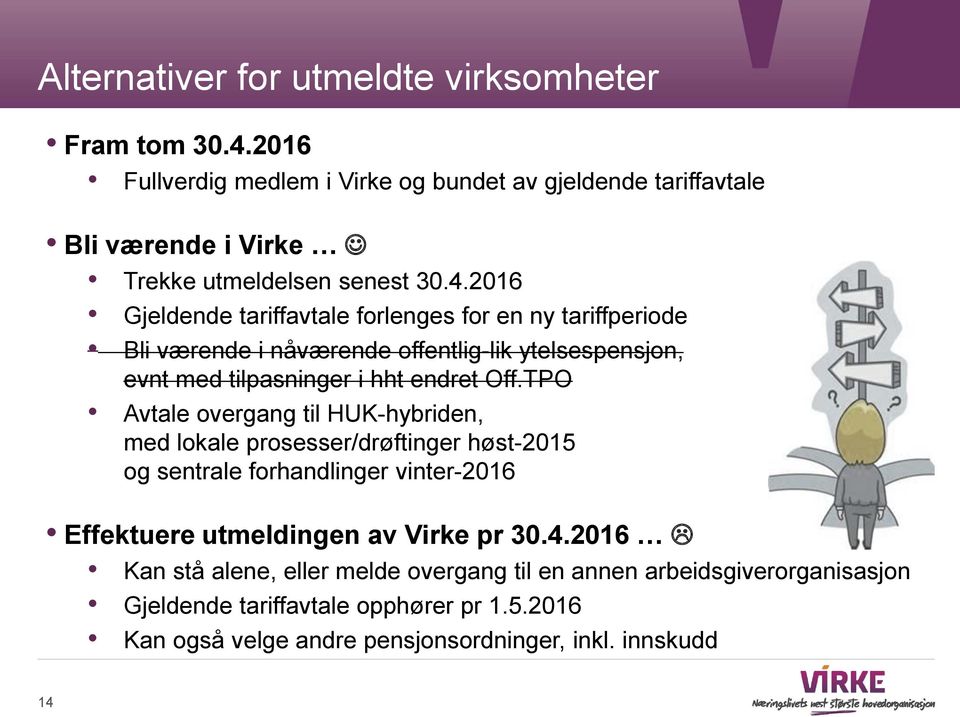 2016 Gjeldende tariffavtale forlenges for en ny tariffperiode Bli værende i nåværende offentlig-lik ytelsespensjon, evnt med tilpasninger i hht endret Off.