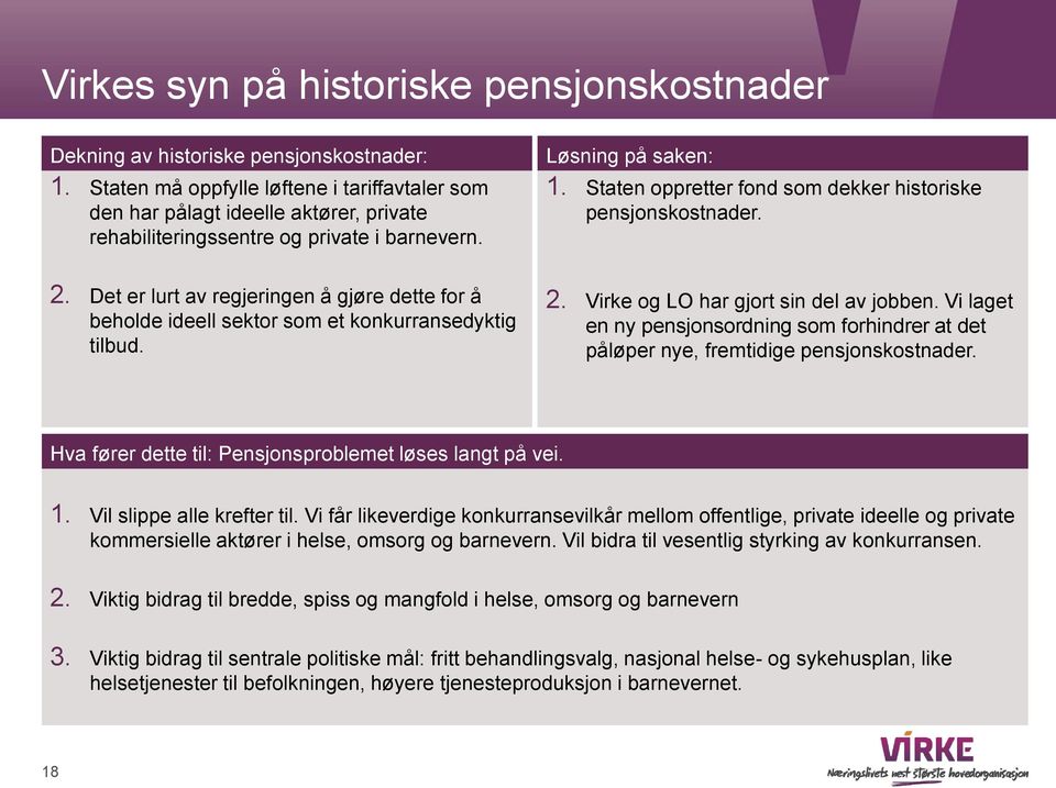 Staten oppretter fond som dekker historiske pensjonskostnader. 2. Det er lurt av regjeringen å gjøre dette for å beholde ideell sektor som et konkurransedyktig tilbud. 2. Virke og LO har gjort sin del av jobben.