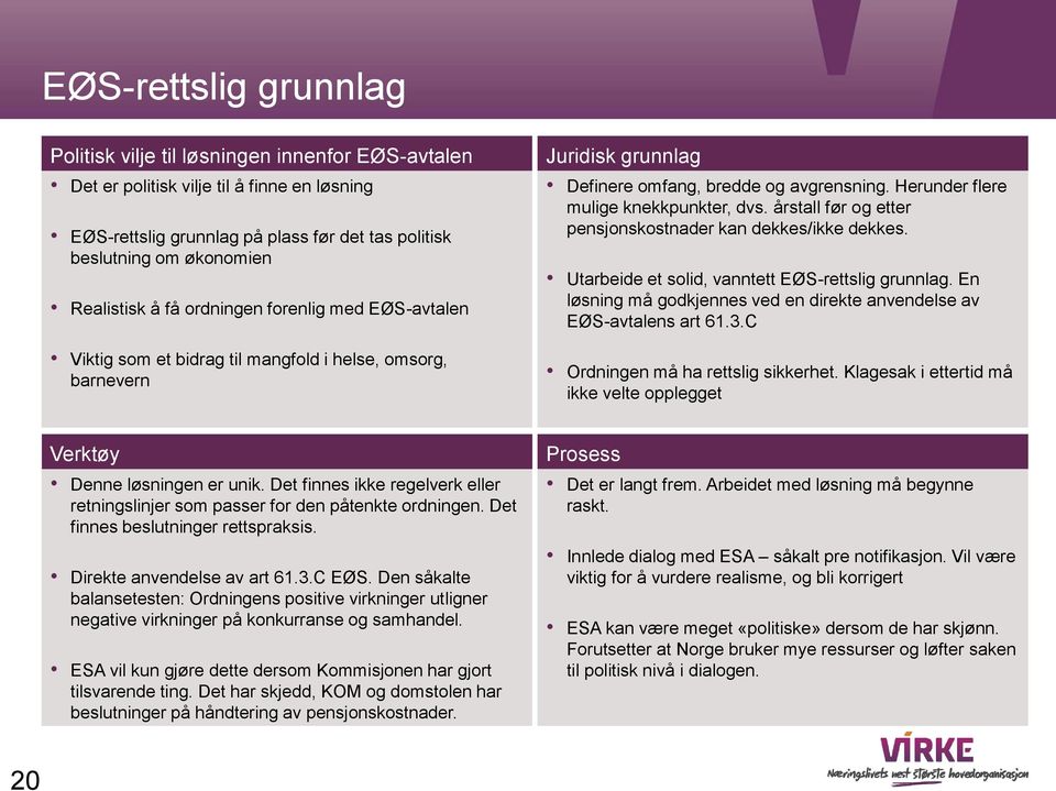 Herunder flere mulige knekkpunkter, dvs. årstall før og etter pensjonskostnader kan dekkes/ikke dekkes. Utarbeide et solid, vanntett EØS-rettslig grunnlag.